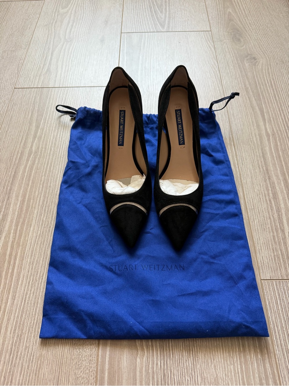 Stuart Weitzman Davia 74 Pumps Black Suede and PVC sleek professional elegant